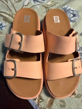 Fitflop Blushy Buckle Two-Bar Leather Slide Sandals New